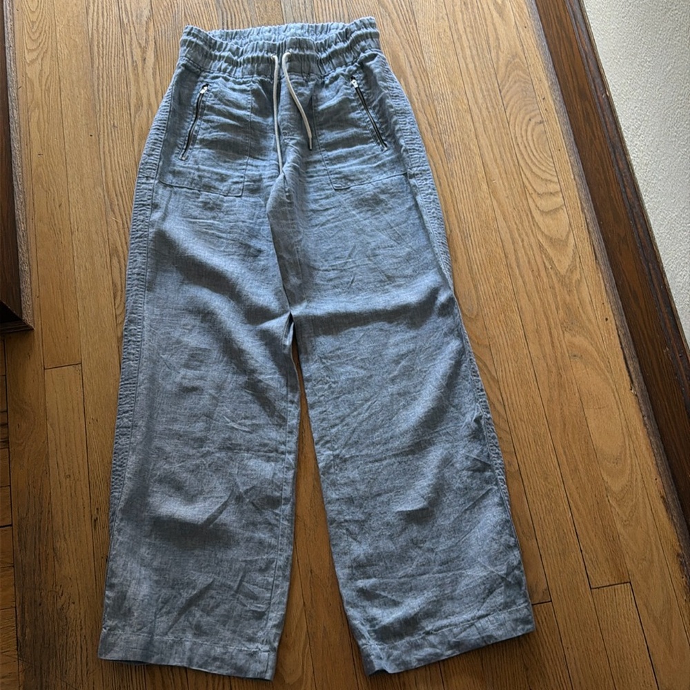 Athleta Cabo Linen Wide Leg Pants in blue, drawstring waistband